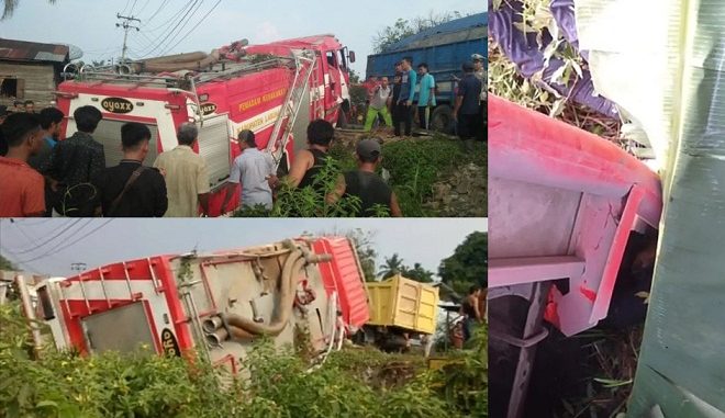 Mobil pemadam kebaran Pemerintah Kabupaten Labuhanbatu mengalami kecelakaan