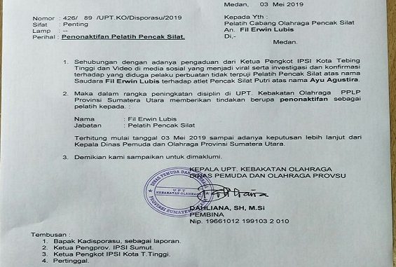 Surat Penonaktifan Pelatih Pencak Silat dari Dinas Pemuda dan Olah Raga Provsu Surat Penonaktifan Pelatih Pencak Silat dari Dinas Pemuda dan Olah Raga Provsu
