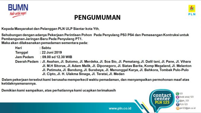 Info Pemadaman Listrik Wilayah Siantar 22 Juni 2019