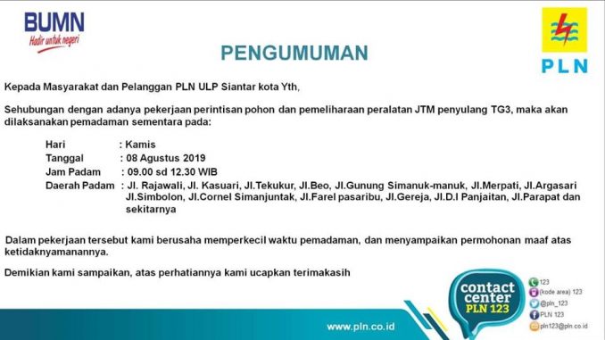 Pemadaman Listrik Di Beberapa Wilayah Pematangsiantar 8/8/2019