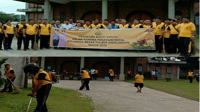 Keluarga Besar Polres Simalungun menggelar Bakti Sosial di Gereja Katolik Stasi Santo Yosep Batu V Paroki Santo Petrus dan Paulus Jalan Asahan KM. V Nagori Pantoan Maju Kecamatan Siantar Kabupaten Simalungun. Sabtu (14/12/2019)