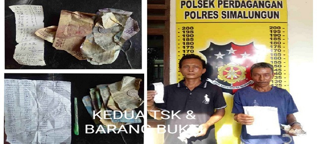 Kedua TSK, Muhammad Usman Binter Nainggolan alias Binter (Kiri) & Sarifudin Manik alias Ucok (Kanan) Berikut Sejumlah Barang Bukti Saat Di Mapolsek Perdagangan, Senin (13/01/2020)