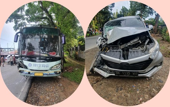 KECELAKAAN mobil penumpang Toyota Avanza nopol BK 1135 WV kontra bus penumpang Intra nopol BK 7357 TV, Senin (05/10/2020) sekira pukul 06.30 WIB