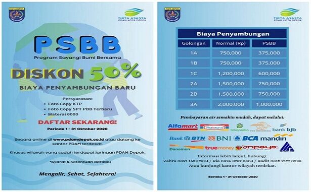 PDAM Tirta Asasta Kota Depok perpanjangan program diskon hingga 31 Oktober 2020 pada Program Sayangi Bumi Bersama (PSBB).