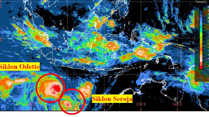 Foto : Citra satelit terkait perkembangan Siklon Tropis Seroja dan Pertumbuhan Siklon Tropis Odette, Jumat (9/4). (BMKG)