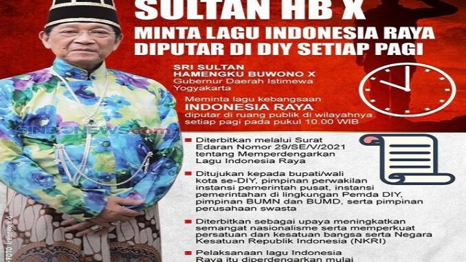 Aturan pemutaran lagu Indonesia Raya itu diterbitkan melalui Surat Edaran Nomor: 29/SE/V/2021 tentang Memperdengarkan Lagu Indonesia Raya yang ditandatangani Sultan HB X pada hari ini, Selasa (18/05/2021)